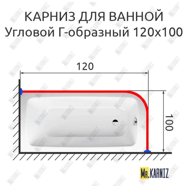 Карниз для ванной Угловой Г образный 120х100 Усиленный 25 мм